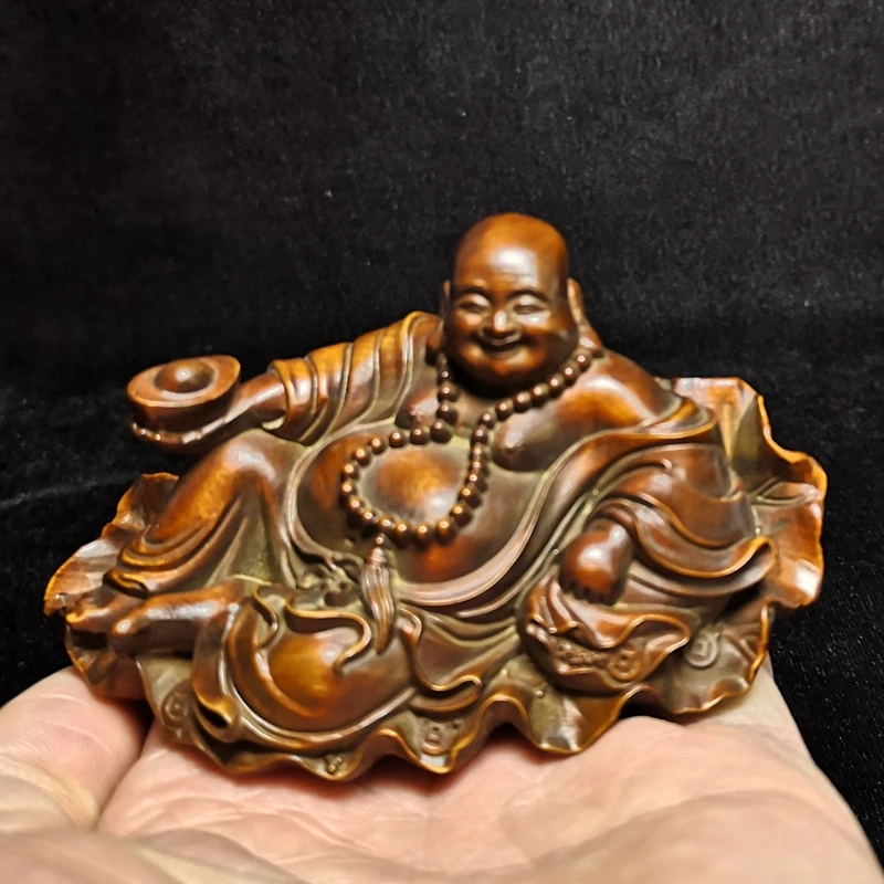 

1919 Antique art Size 9.7 cm Hand carved Boxwood Wood lotu leaf Maitreya Buddha Statue Old collectable