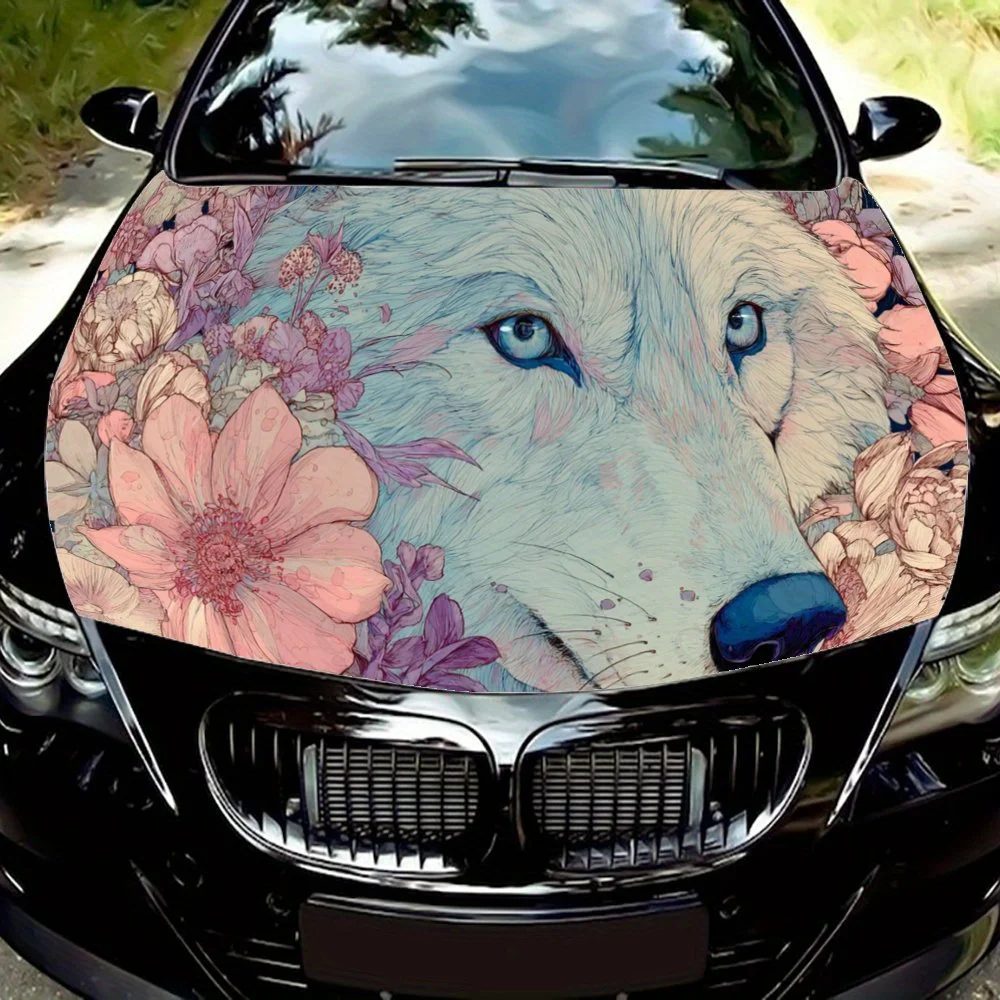 

White Wolf with Flower Car Engine Hood Sticker, Auto Art Decal, Car Exterior Personalized Decoration, Gift for Car Lovers, Uniqu