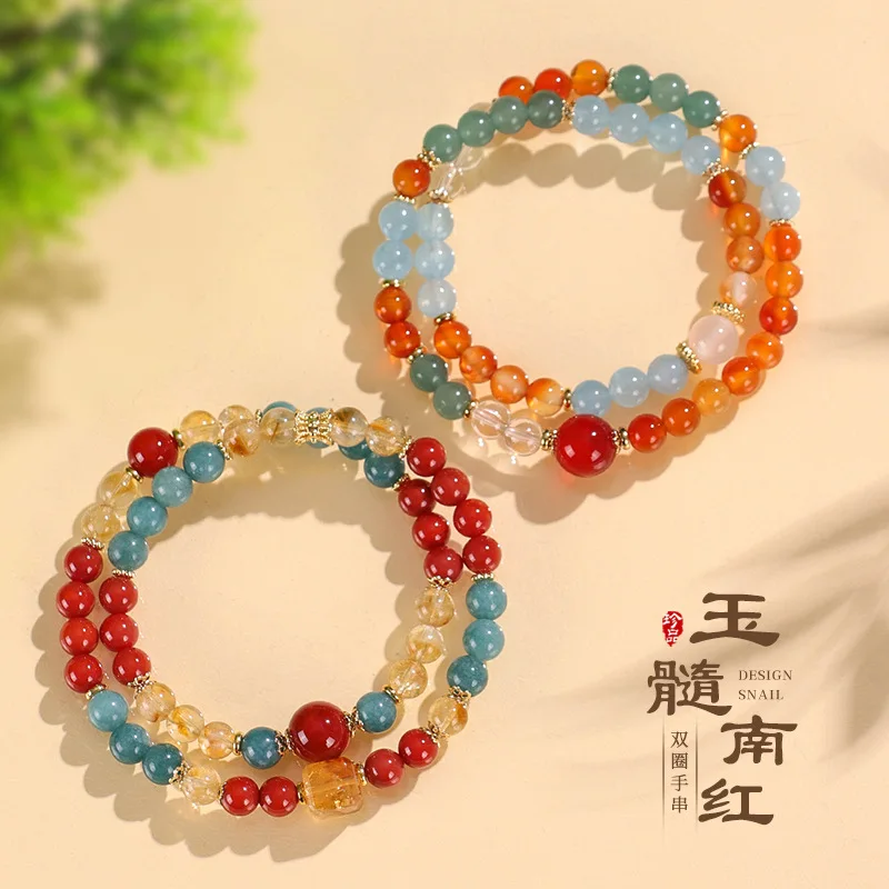 

Dunhuang Color Matching Exquisite Multi-circle Natural Stone Crystal Bracelets South Red Chalcedony Aquamarine Lucky Hand String