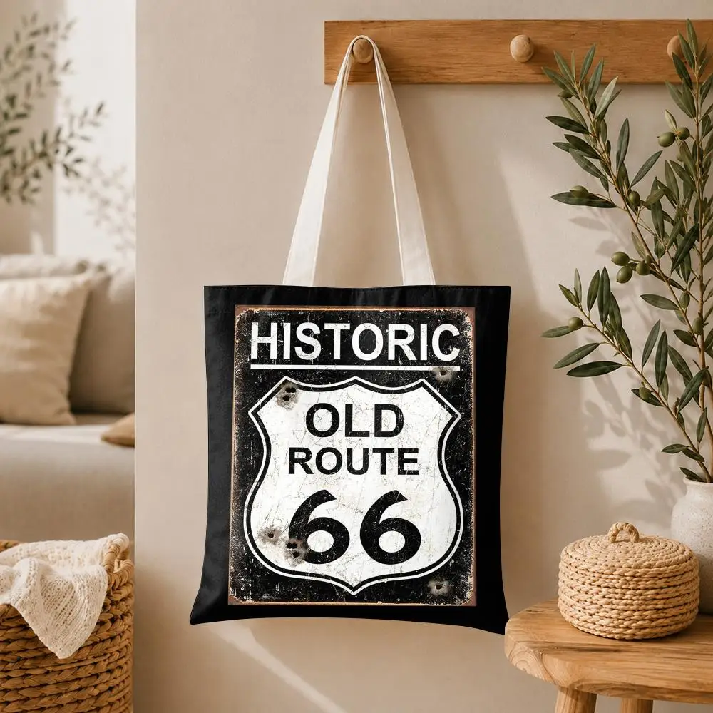 Classic Route 66 Retro Storage Bags Large Capacity Canvas Tote Bag Double-Sided Print Shoulder Handbag for Daily Shopping