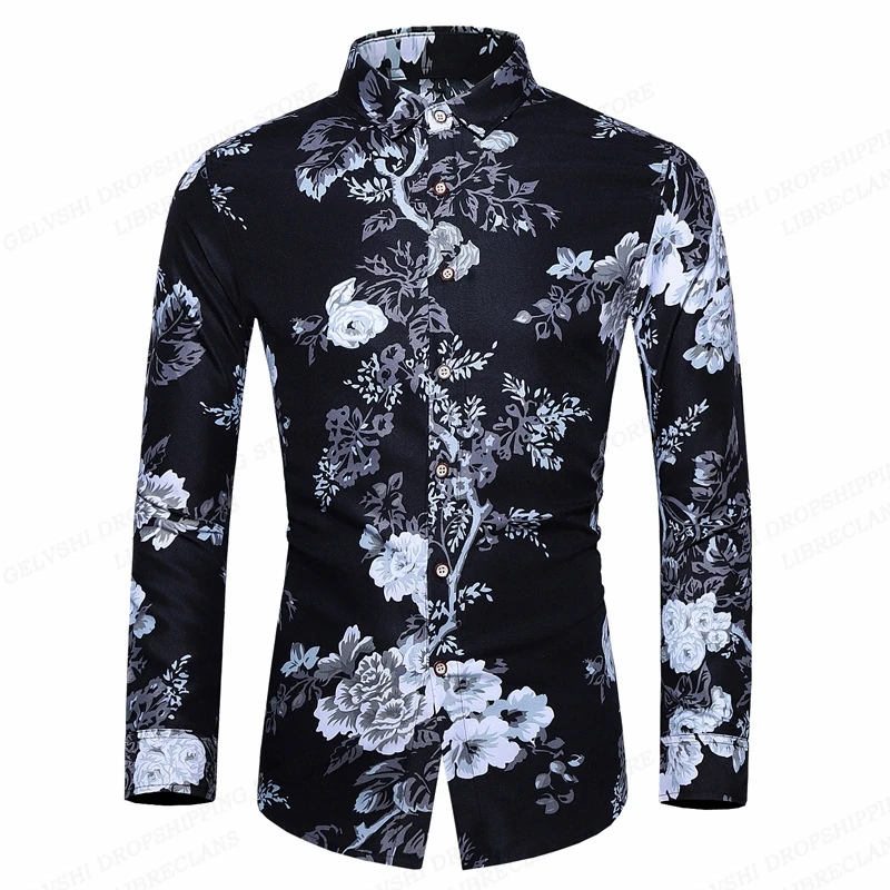 Floral Shirts Men Fashion Shirt Long Sleeve Hawaiian Shirts Cuba Beach Blouse Men\'s Clothing Button Up Camisas Single Breasted