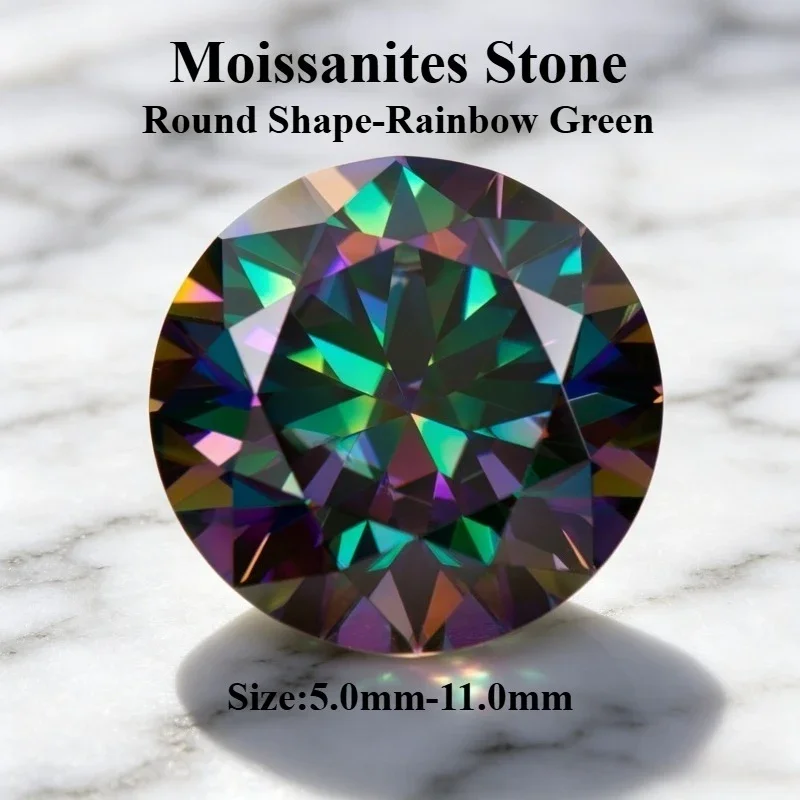 Moissanite Stone Round Shape Rainbow Green Lab Grown Gemstone for DIY Charms Jewelry Making Pass Diamond Tester with Certificate