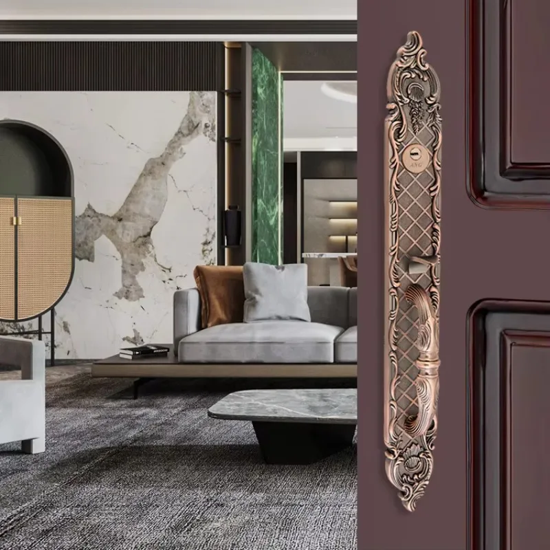 European Style Villa Door Exterior Red Bronze Double Pull Sliding Zinc Alloy Antique Furniture Combination Door Lock