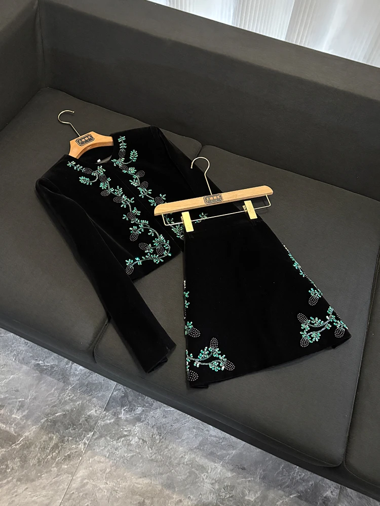 

Модный бархатный жакет и юбка с высокой талией, с богатой отделкой, качественный зимний комплект из двух предметов B63 для женщин