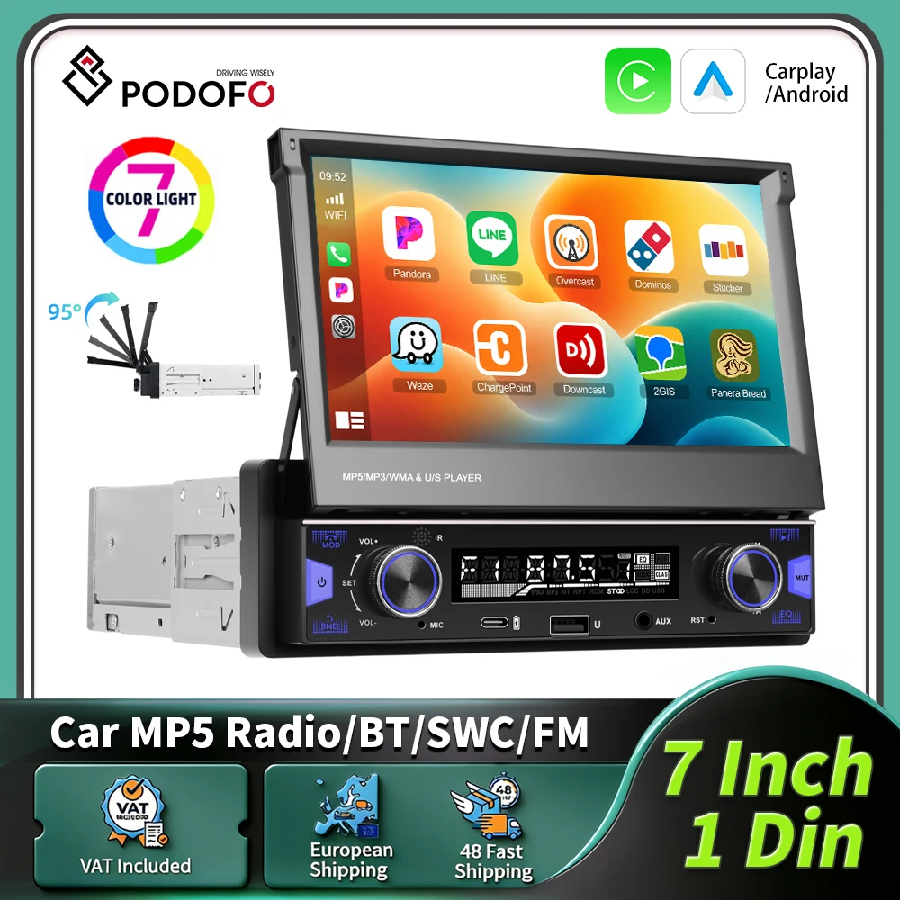 Podofo 7 Zoll 1Din Autoradio mit kabellosem Carplay, Android Auto, Smart Car System, MirrorLink, MP5-Player, HD, ausfahrbarem Touchscreen, universellem Multimedia-Player, Audio-Stereo, BT, EQ,