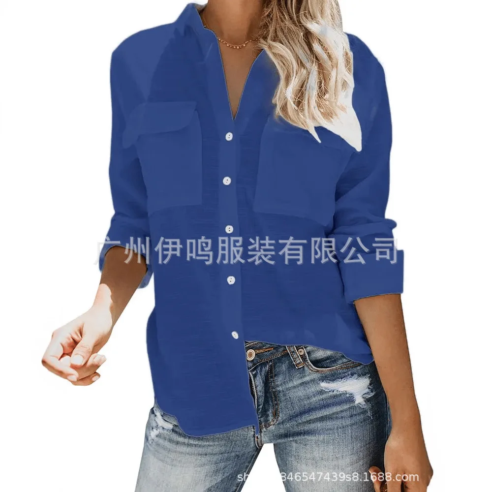 

Женская рубашка с длинным рукавом на пуговицах, однотонная, свободного кроя, с карманами, повседневная, модная, весна-осень 2026