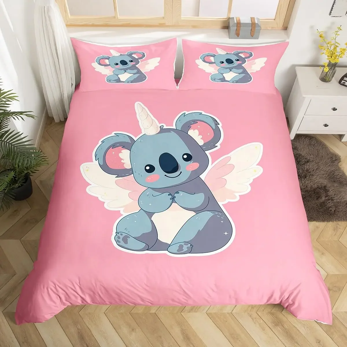 Cute Koala Duvet Cover Twin Size,Pink Hot Air Balloon Bedding Set Watercolor Flower Animals Comforter Cover Cartoon Quilt Cover