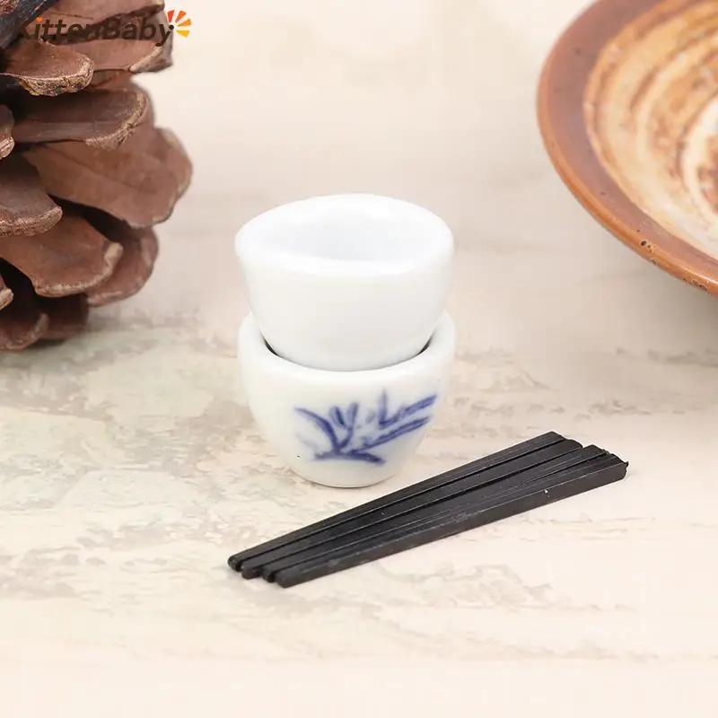 Miniature Ceramics Bowl +Chopsticks Mini Tableware Dollhouse Kitchen Set Food Toys Accessories Dolls Pretend Play Toys