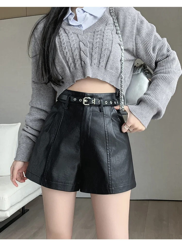 SMTHMA 2024 Sexy Faux Leather Shorts Women Fashion PU Slim Solid Autumn Winter Short Pants Female High Waisted Shorts