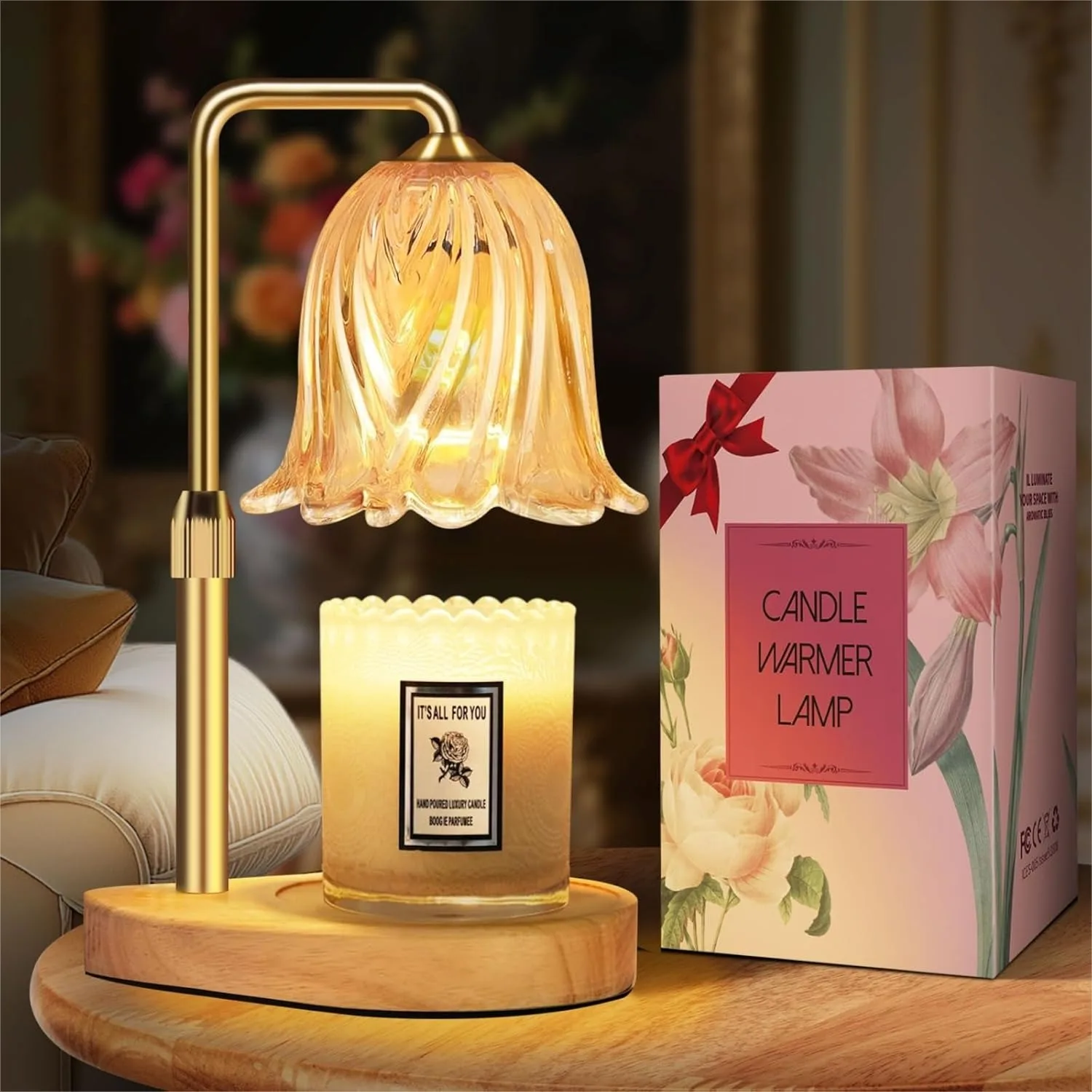 

Candle Warmer Lamp with Timer Dimmable for Women Adjustable Height Crystal Gold Home Decor Gift