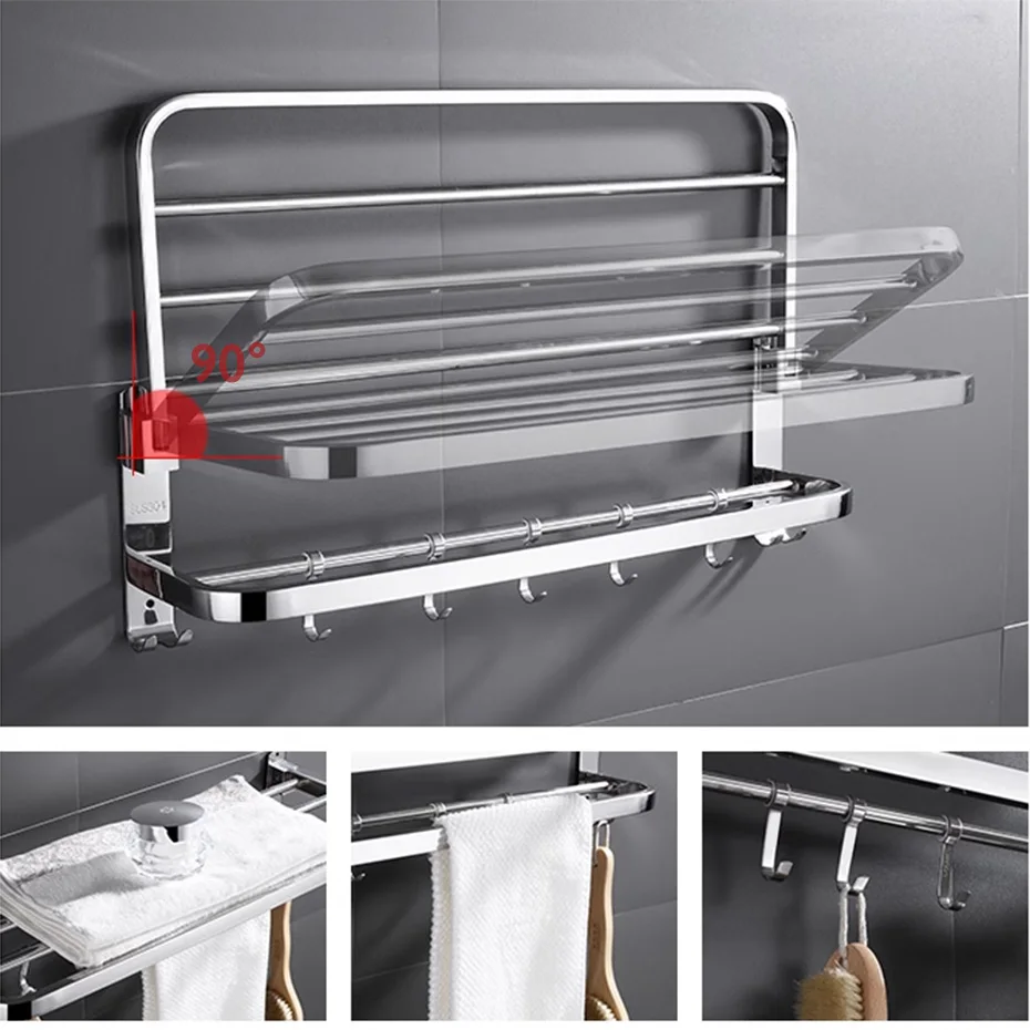 Stainless Steel Towel Rack Foldable No Punch Shower Clothes Shelf Self Adhesive Bath Tower Hanger Bar with Hook Bathroom Storage