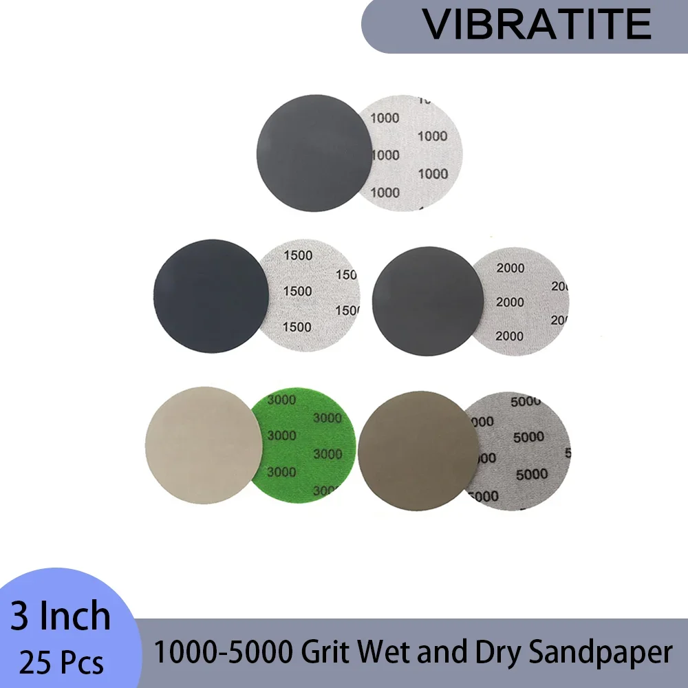 

25 шт. влажная и сухая наждачная бумага, 3 дюйма, 75 мм, в ассортименте, зернистость 1000/1500/2000/3000/5000, крючок и петля для полировки и шлифования автомобиля
