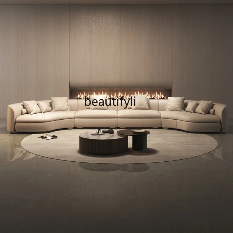 Italian Minimalist Circular Curved Leather Sofa Large Apartment Living Room Corner Leather Sofa