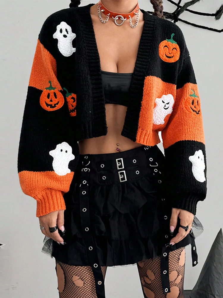 Ghost Pumpkin Print Sweater Cardigan Halloween Personality Street Hip Hop Crop Coat Girl Socialite Party Women Jacket Top Autumn