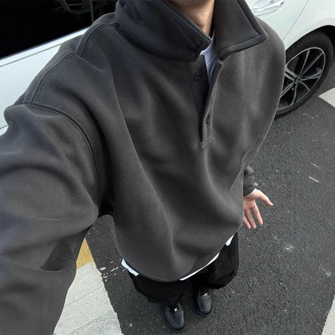 

Deep Grey Neck Sweatshirt Men's Spring Autumn Long Sleeve Turn-down Collar American Retro Jacket Youth Daily Wear