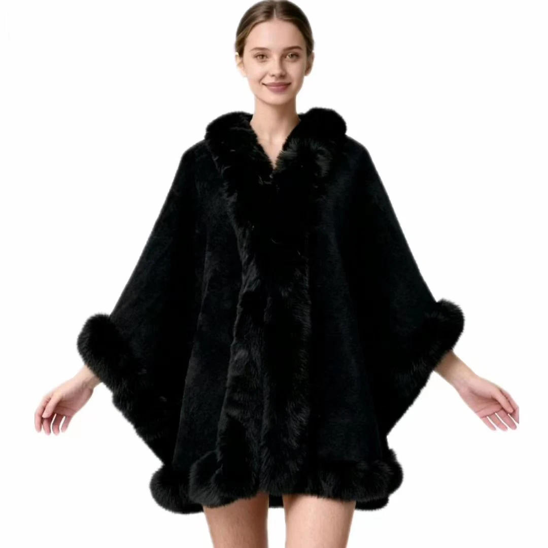 ファッションエレガントなフェイクファーのトリムが付いた厚手のウールのケープコート、ロングポンチョ、女性用冬用暖かい快適なアウターウェア、パーティー、旅行用のマント