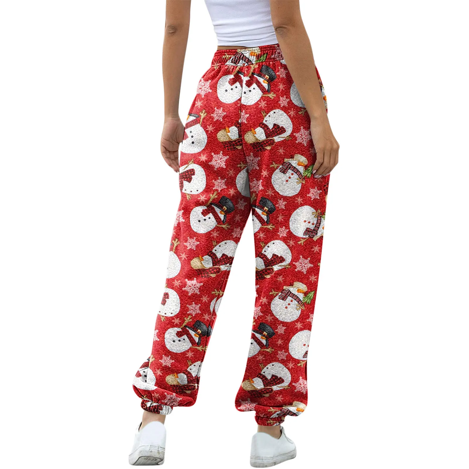 Natal boneco de neve imprimir calças casuais senhoras outono inverno baggy drawstring cintura alta sweatpant para mulher calças casuais