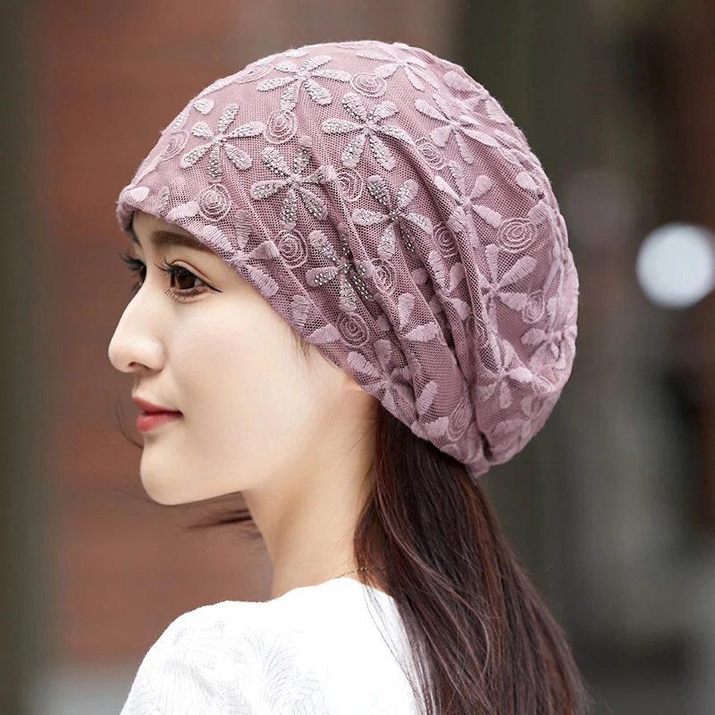 2024 Spring Summer Thin Cotton Lace Women Skullies Beanies Lady Fashion Lace Design Hats For Girl Turban Caps Chemo Cancer Hat