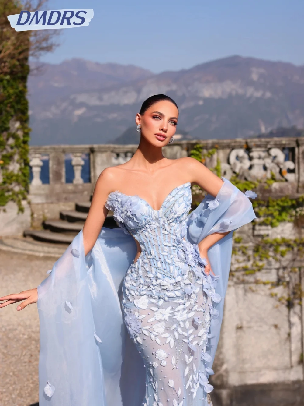 

Light Blue Pearls Evening Dress With 3D Flower Charming Illusion V-neck Wedding Party Gown Customized Mermaid Long Prom Dresses