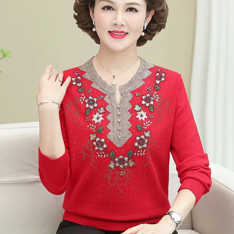 

Fashion Diamond Inlay Embroidery Sweater Middle Aged Elderly Women's Knitwear 2024 New Spring Autumn Knitted Pullover Tops 2024