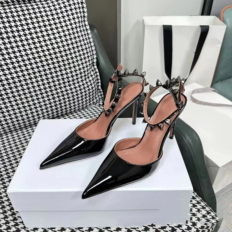 

Spring/Summer Pointed Shallow Mouth Lacquer Leather Rivet Sandals with Thin High Heels Banquet Dress Versatile Large Women Shoes