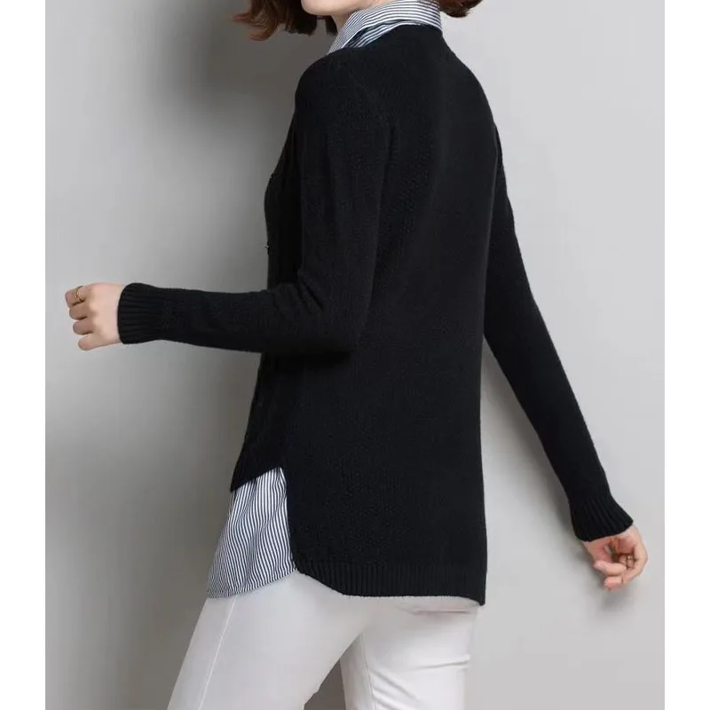 Autumn Winter Fashion Elegant Fake Two Pieces Knitted Tops Womens Clothing Korean Polo-Neck Button Patchwork Sweaters for Female