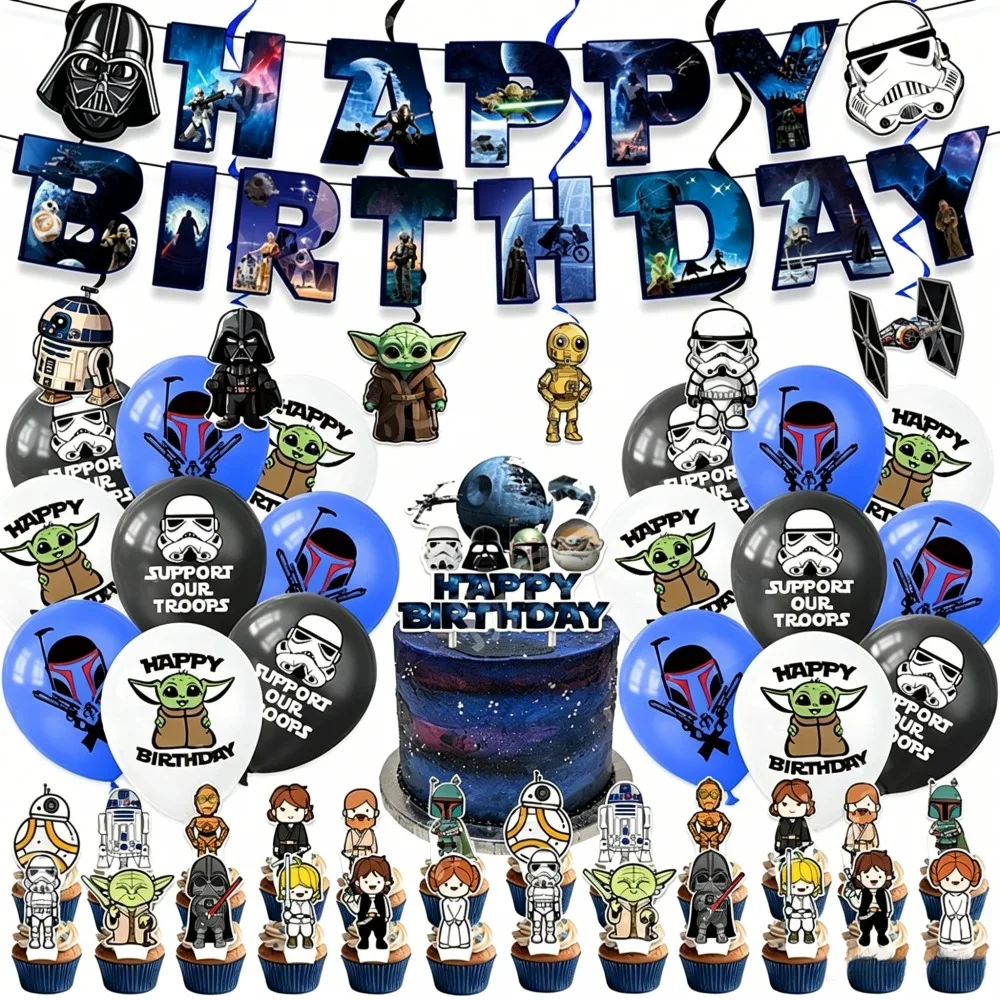 Artículos para Fiesta de Cumpleaños de Star Wars, Pancarta, Adorno para Pastel, Globos, Espirales Colgantes, Decoraciones, Set de Decoración para Fiesta Temática Infantil para Niños