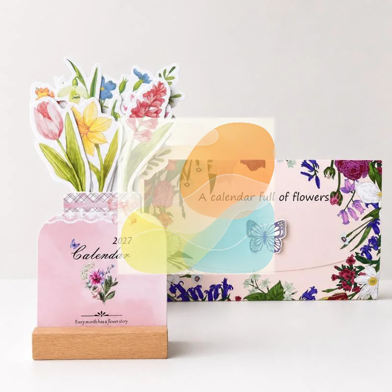 2027 Cute Cat Desk Calendar Wooden Base 12 Aesthetic Art Painting Cards Daily Monthly Planner Student Stationery