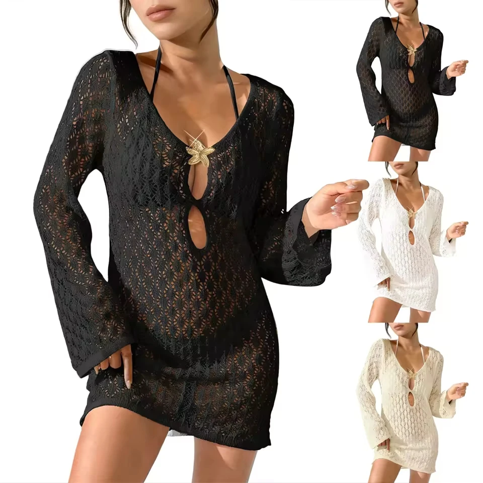 

Womens Crochet Swimsuit Cover Up Half Sleeve Hallow Out Off Shoulder Mini Dresses Sexy Long Sleeve Beach Vacation Boho Dress