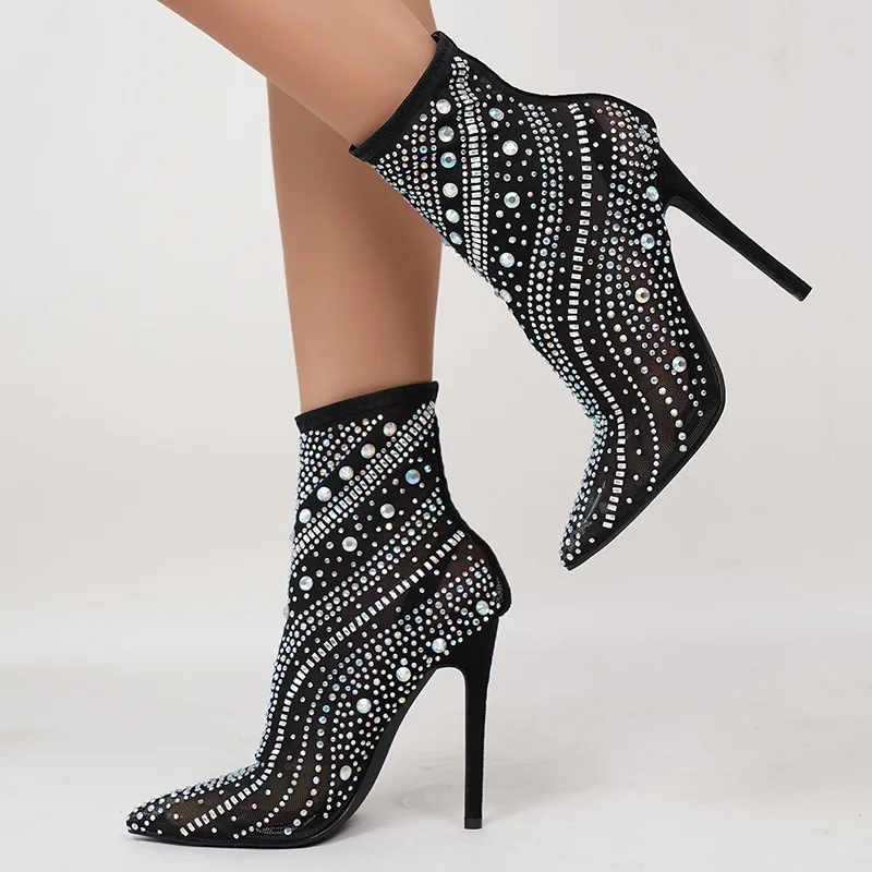 

Fishnet socks Roman style sexy catwalk super high heel pointed rhinestone elastic versatile medium tube short boots women