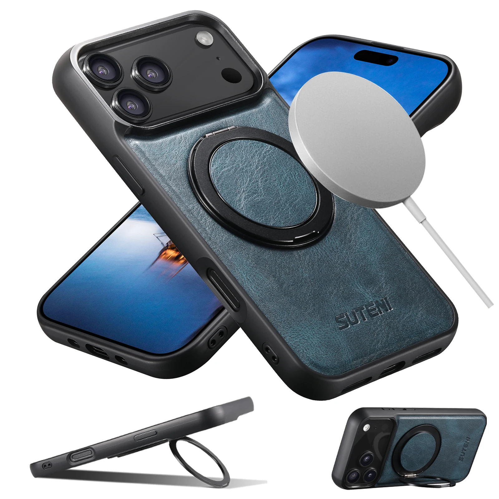 Oil Wax Faux Leather Magnet Wireless Charging Phone Case 360° Rotating Stand Buckle For iPhone 17 Pro Max 16 Plus 15 14 13 12
