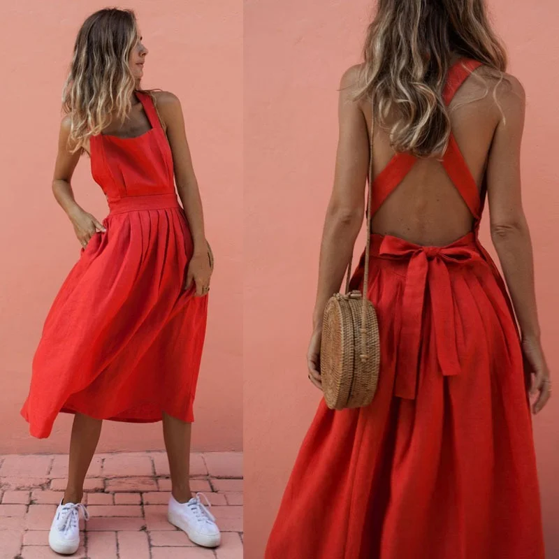 Summer Sexy Dress Bowknot Women\'s Backless Cross Drawstring Beach Dresses Strap Red Vintage Sundress Women Boho Femme Robe