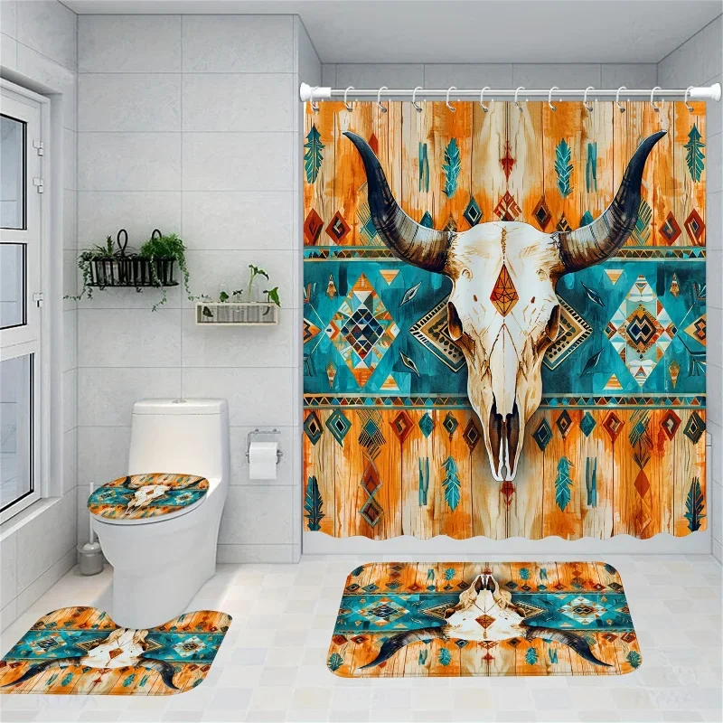 4PCs deluxe bull skull bathroom ensemble-waterproof polyester shower curtain set with 12 hooks, non-slip rug, U-shape toilet m