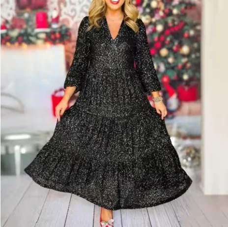 เดรสทรงเอไลน์สำหรับผู้หญิง กระโปรงบานใหญ่ แต่งเลื่อม จับจีบ คอวี แขนยาว ความยาวระดับกลางน่อง เดรสยาวสำหรับงานพรอม งานเดท งานเลี้ยงอย่างเป็นทางการ