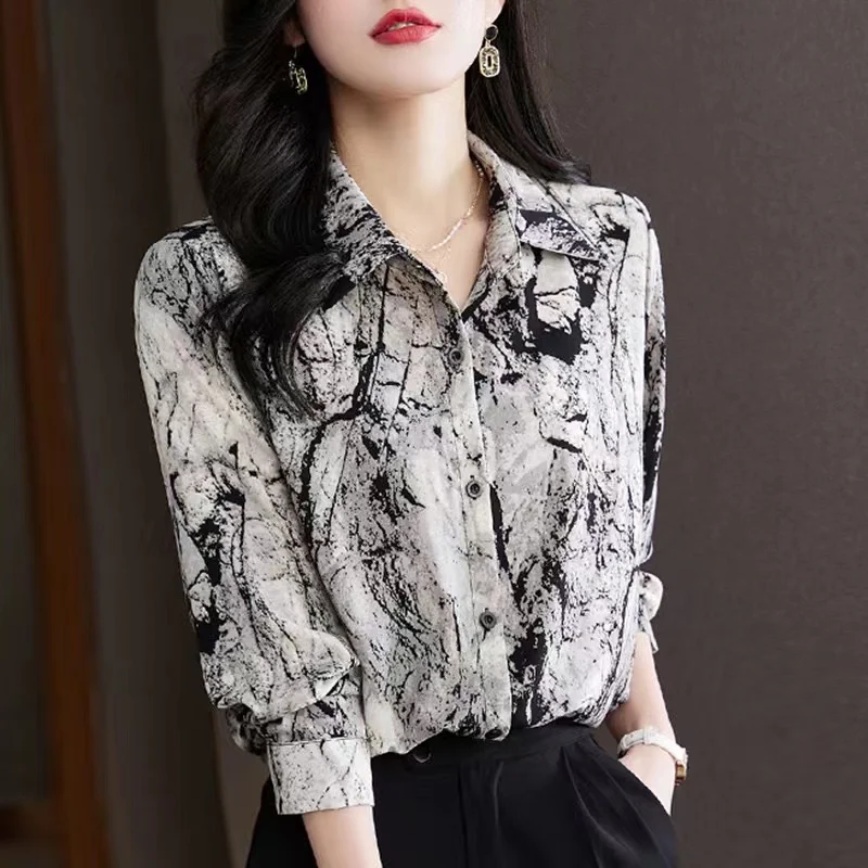 Women Spring Korean Loose Fashion printing Appear thin Polo-Neck Long sleeve Shirts women clothes Casual All-match Chiffon tops