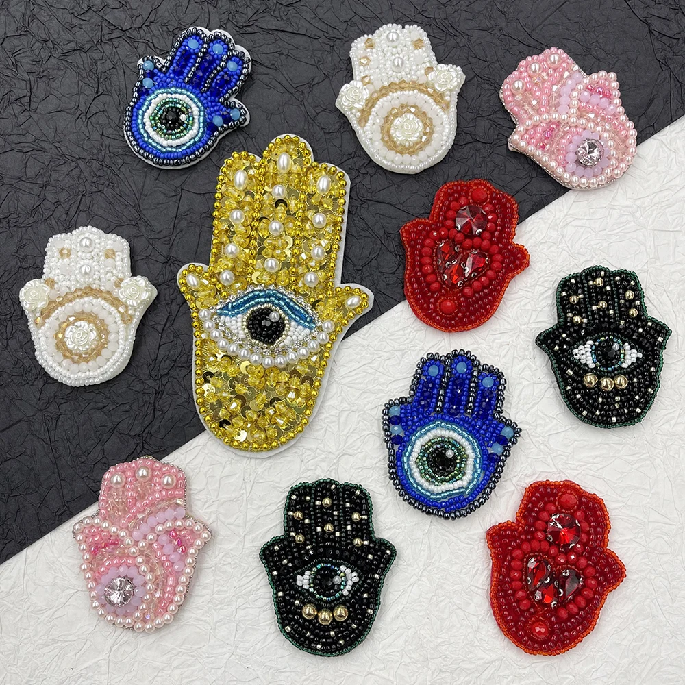 3D Handmade Rhinestone Beaded Patches palm eyes Sew on Crystal Patch beading Applique fashion Patch Love Medals