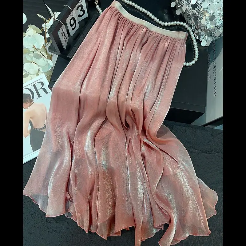 New Style Elegant Flowing Chiffon Umbrella Skirt Retro Summer High-End Streamer Feel Glitter High Waist A- Line Skirts