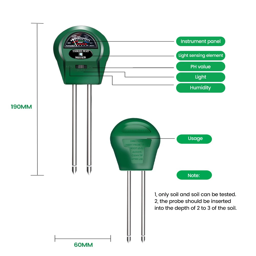 3 in1 Soil Water Moisture PH Meter Acidità Umidità Luce solare PH Test Fiori da giardino Sensore di umidità Tester Strumento di prova