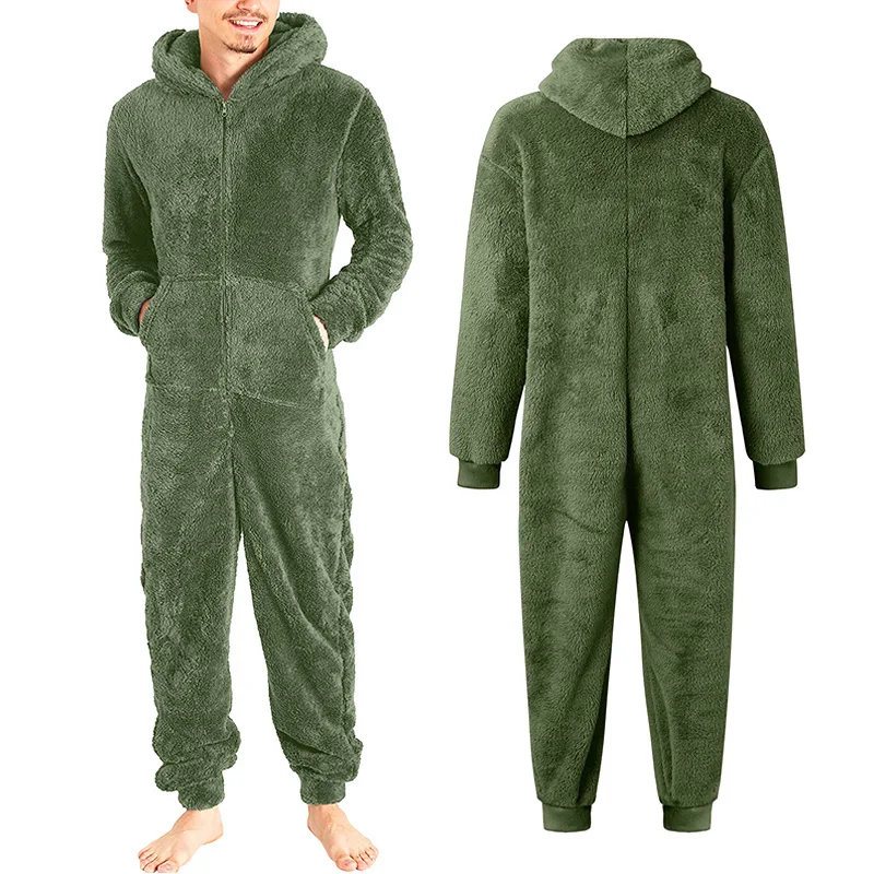 L-4XL 5Styles Thickened Plush Hooded Zipper Long Sleeve Jumpsuit Casual Loose Fitting Warm Man Autumn Winter Pajamas Sleepwear