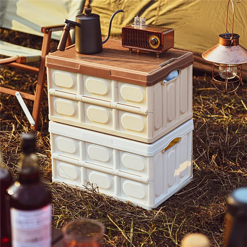 PB-55L Przenośna, składana skrzynka narzędziowa z drewnianą pokrywą i PP o dużej pojemności na sprzęt kempingowy, idealna na podróże i aktywności na świeżym powietrzu.