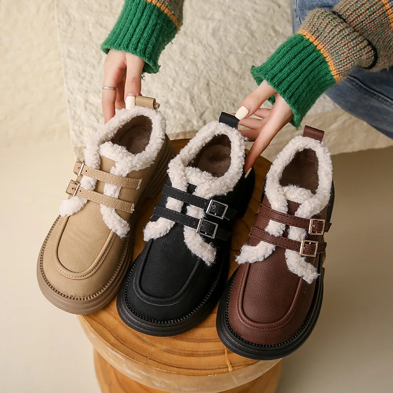 British Style Small Leather Shoes Explosive Goods For Women In Autumn And Winter New Plush Cotton Shoes With Thick Heels Lefu