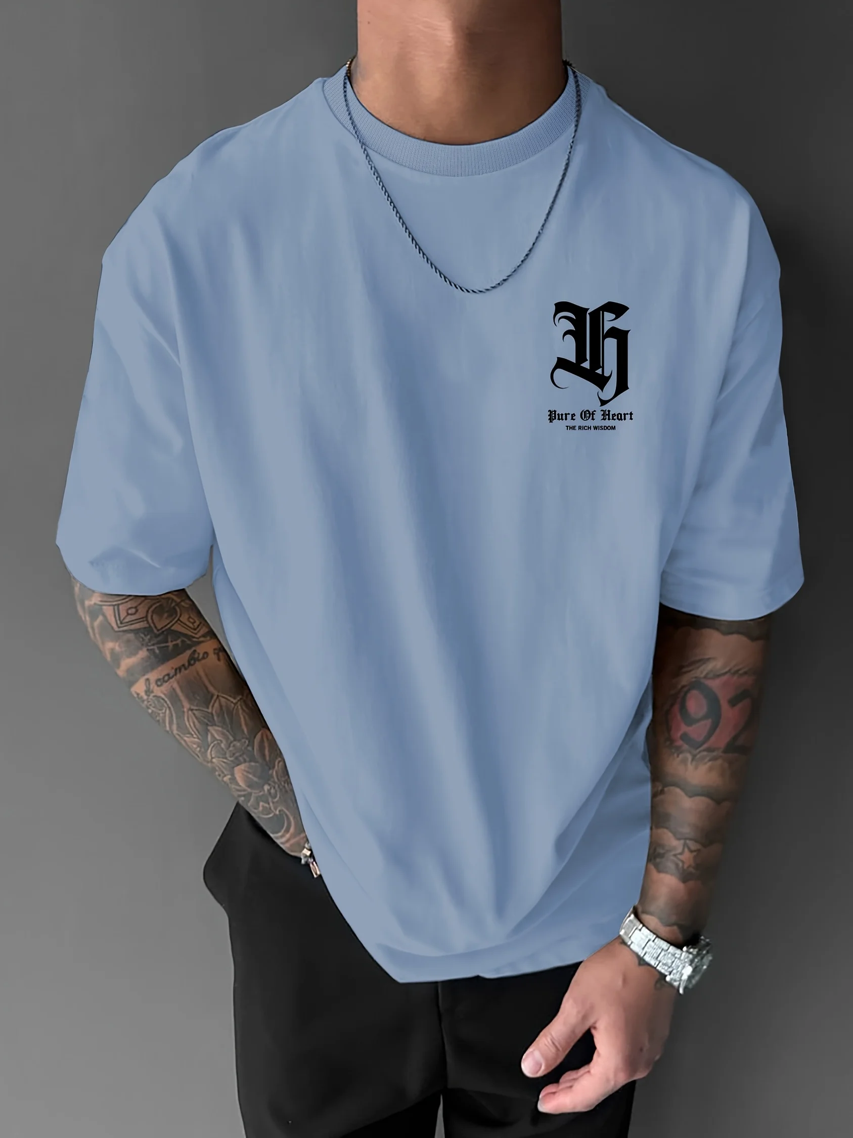 Men's summer 100% pure cotton fashionable casual sports loose angel pattern letter print round neck short sleeved T-shirt top