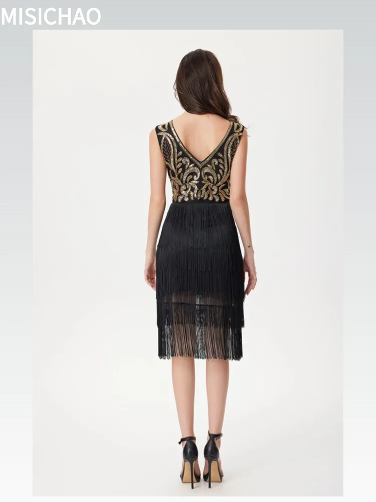 MISICHAO 1920s Flapper Dress Retro Fringe Dress Golden Sequin - embroidered Sleeveless Tulle Party Gown