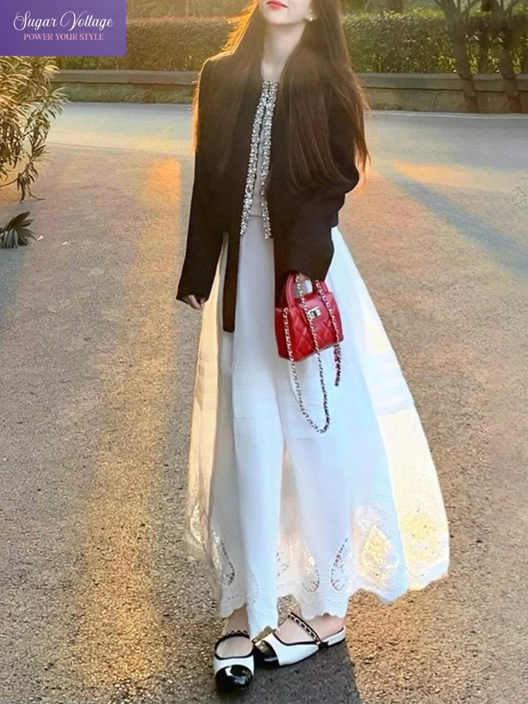 

Элегантный комплект из 2 предметов с длинными рукавами, женский осенний роскошный блестящий короткий жакет с бриллиантами, топ + кружевная макси-юбка, корейский модный наряд