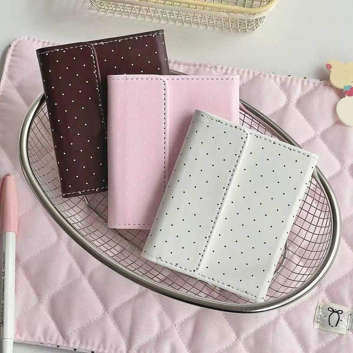 Korean Cute M5 Three Fold Leather Notebook with High Beauty Ins Style French Grid Inner Page Mini Account Diary Pink HealingGift