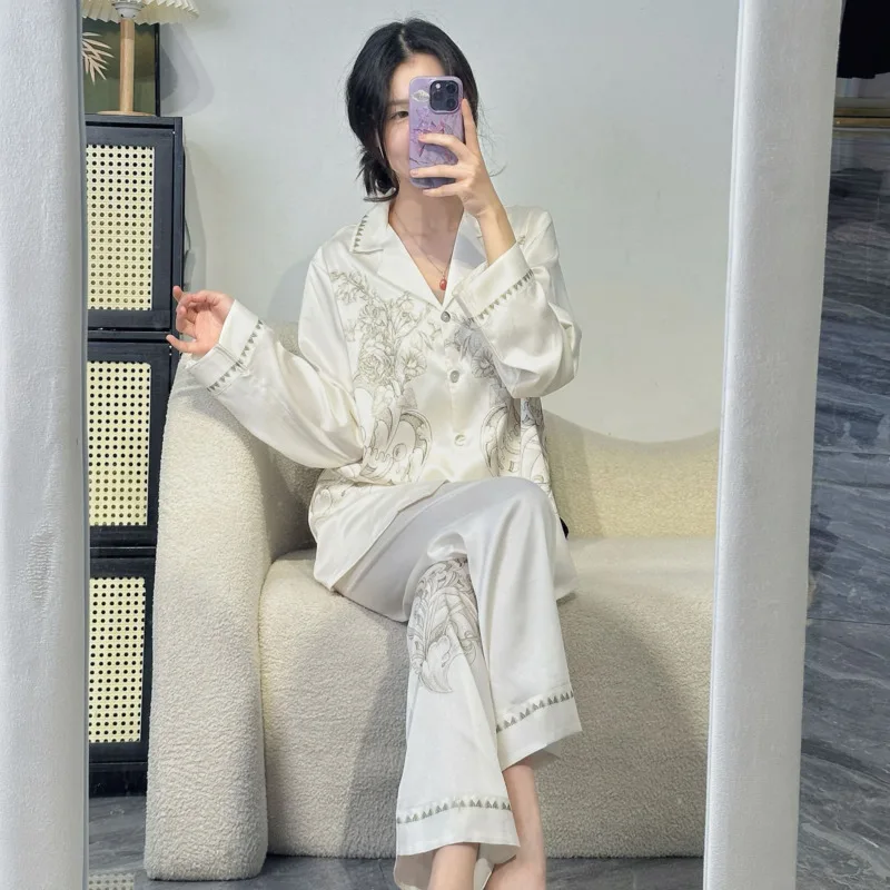 

2025 Summer Autumn Long Sleeve Pants Ice Silk Pajamas Women Outerwear Homewear Two Piece Set Print Fashion Nigghtgown Sleepwear