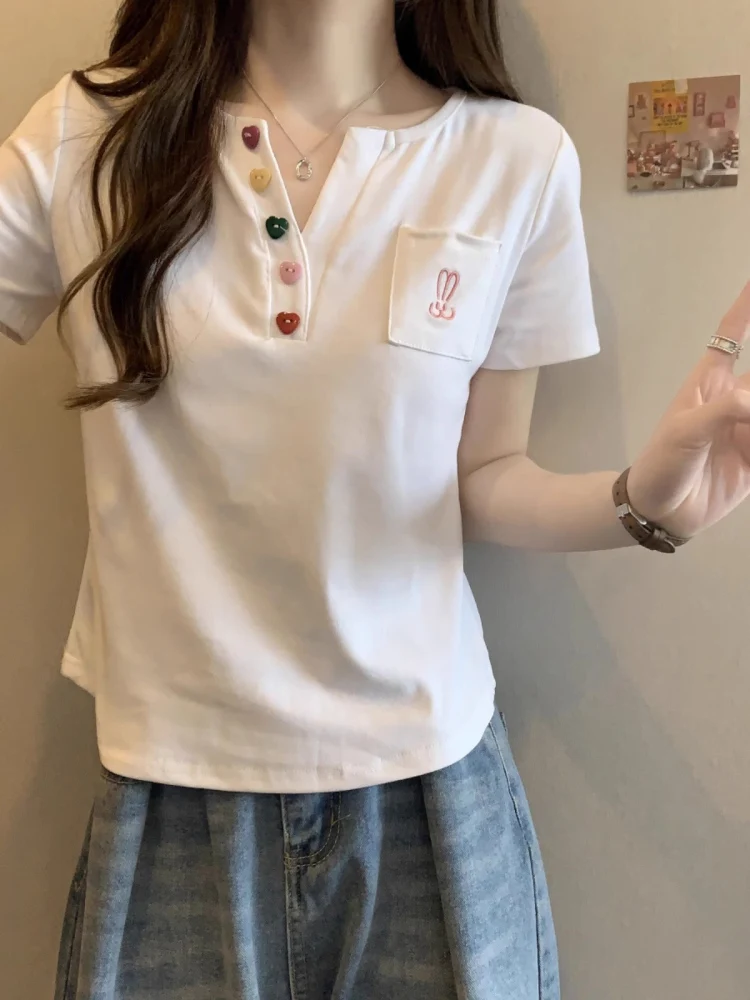 تي شيرت نسائي صيفي فضفاض من القطن الخالص بأكمام قصيرة ورقبة على شكل حرف v تي شيرت نسائي صيفي فضفاض غير رسمي على الطراز الكوري... #2