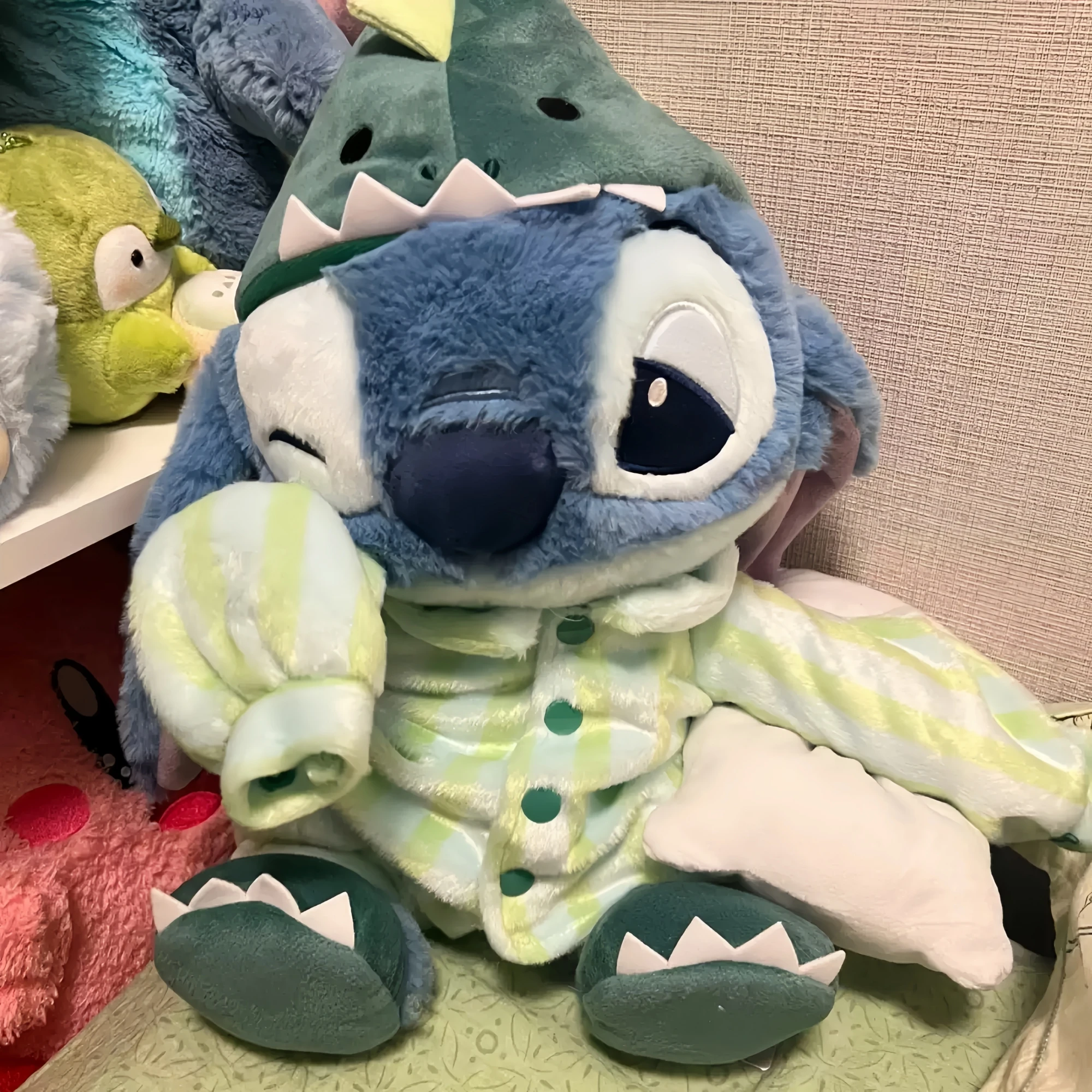 

35cm Stitch With Dinosaur Pajamas Plush Toy Adorable Stuffed Anime Sleepy Stitch Plushies Huggable Sleeping Doll Gifts Girl
