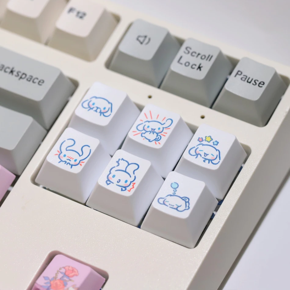 6pcs/set Cartoon Animation PBT Big Ears Cinnamoroll Personalized Keycap Girl Cute Mechanical Keyboard Keycap Kawaii Gift