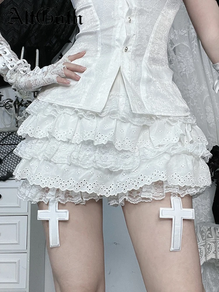 

AltGoth Halloween Mall Gothic White Pumpkin Skirt Women Aesthetic Fairycore Grunge Sweet Cute Lace Patchwork Shorts Skirt Femake